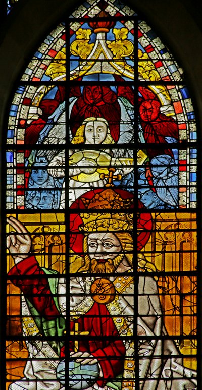 Window depicting God at the Coronation of the Virgin and a Musical Angel above by French School